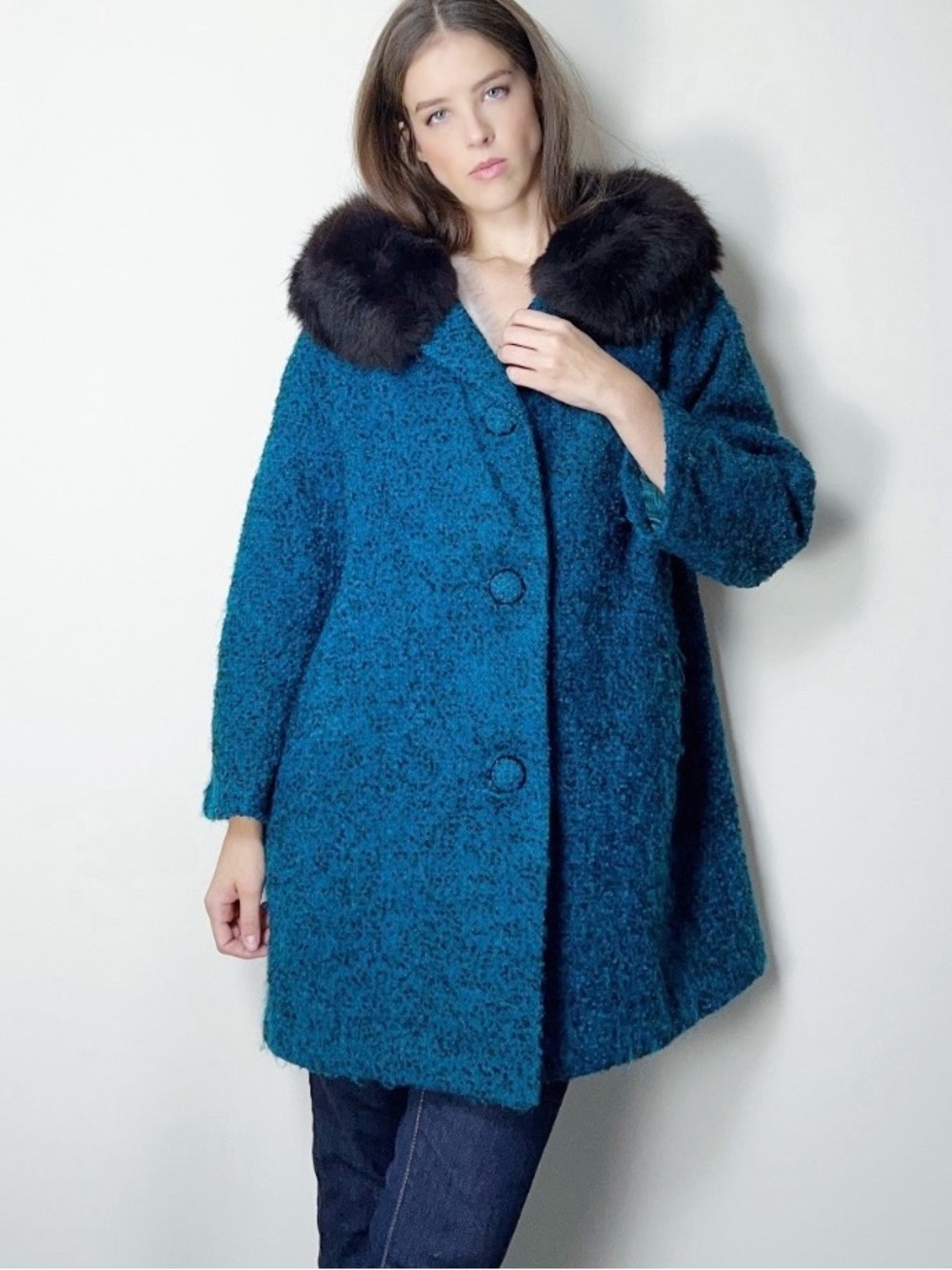 Vintage Blue and Black Boucle Wool Swing Coat with Black Fur Collar